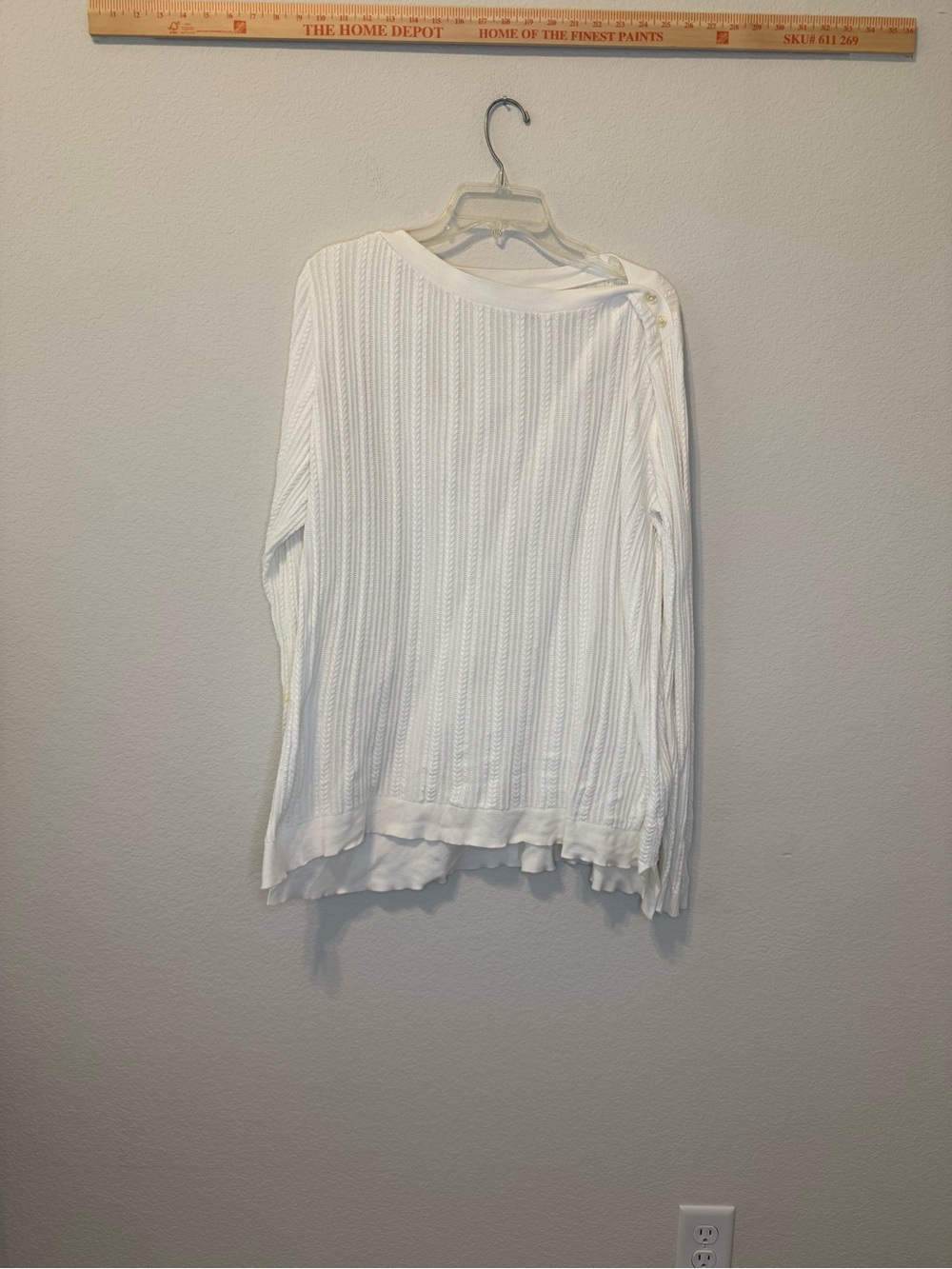 Lands' End White Ribbed Knit Boatneck Top with Shoulder Buttons